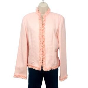 Bay Studio Career Boss Barbie Pastel Pink Ruffle Trim Tweed Button Front Jacket